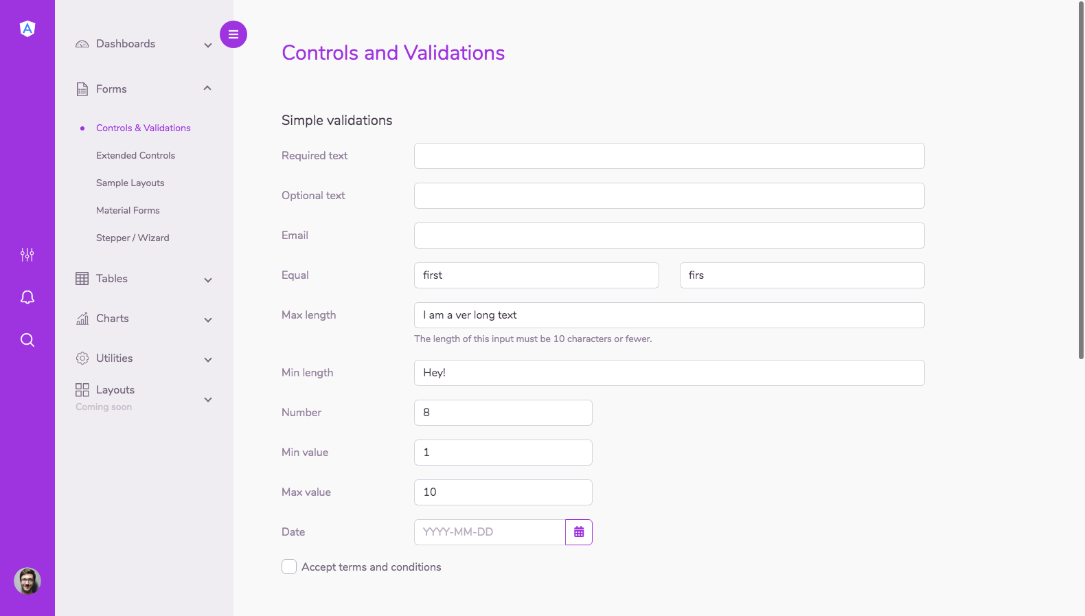 Ionic Template with Side Menu, Forms, Form Validations